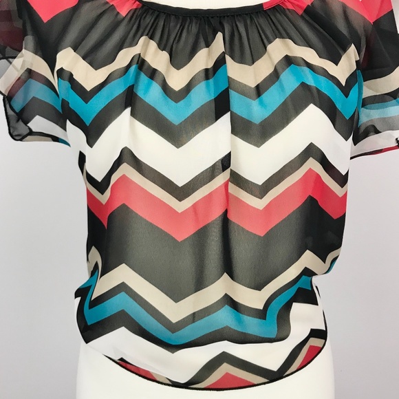 A'gaci Teal Zig Zag Chevron Chiffon Tie Back Top - Picture 4 of 14